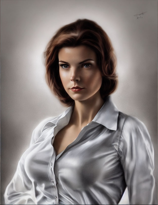 Digital portrait of woman with wavy hair in white shirt on grey background