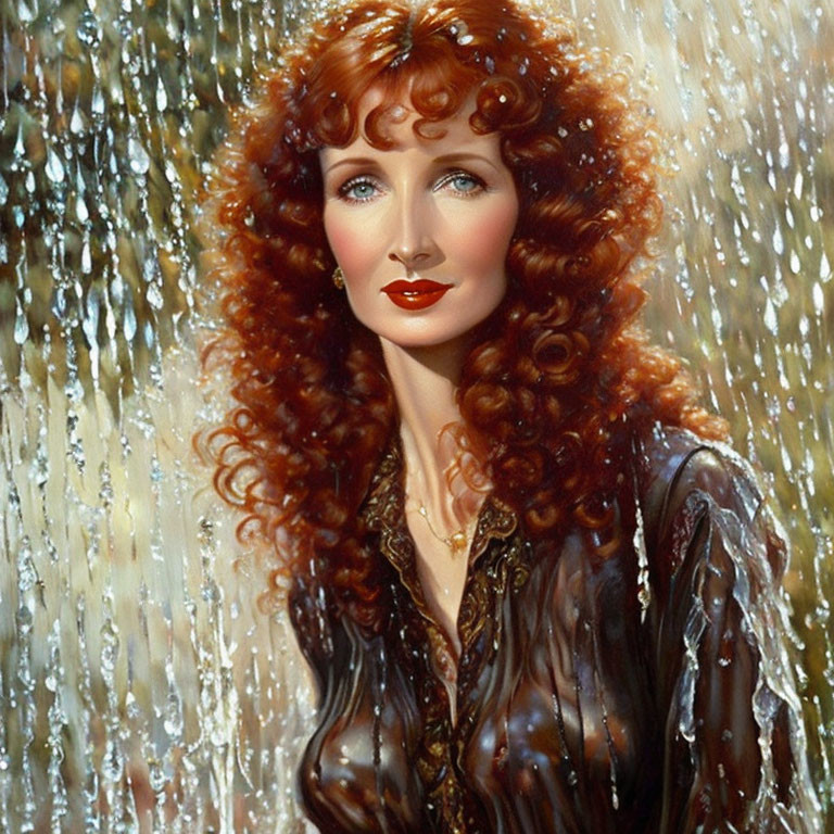 Illustration: Woman with Curly Red Hair and Red Lipstick Behind Rain-Streaked Window