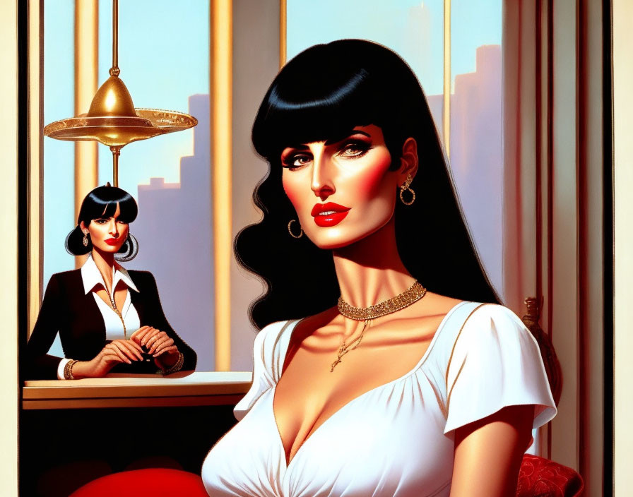 Stylized women in office setting: white dress and black suit.