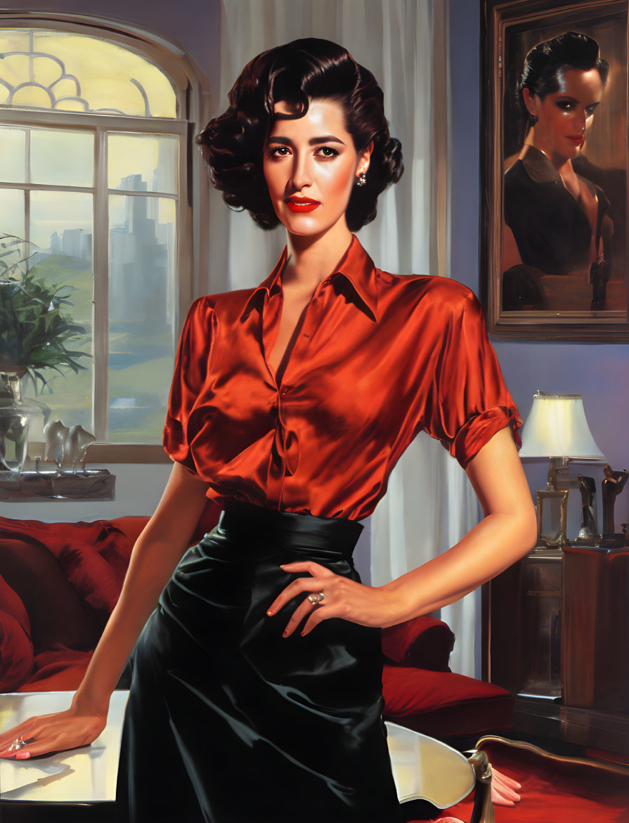 Portrait of woman with dark hair in red blouse and green skirt by window with skyscrapers.