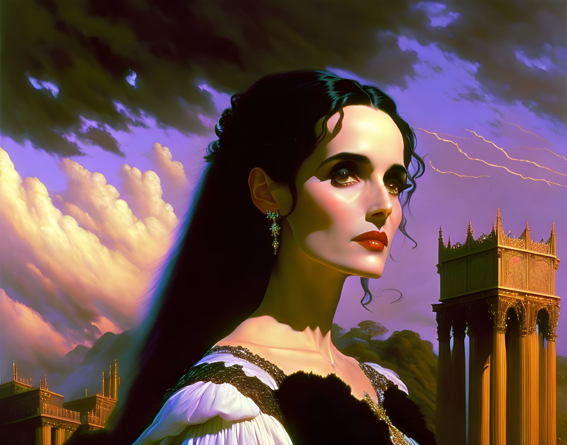 Stylized portrait of woman in elegant attire against dramatic clouds and classical architecture