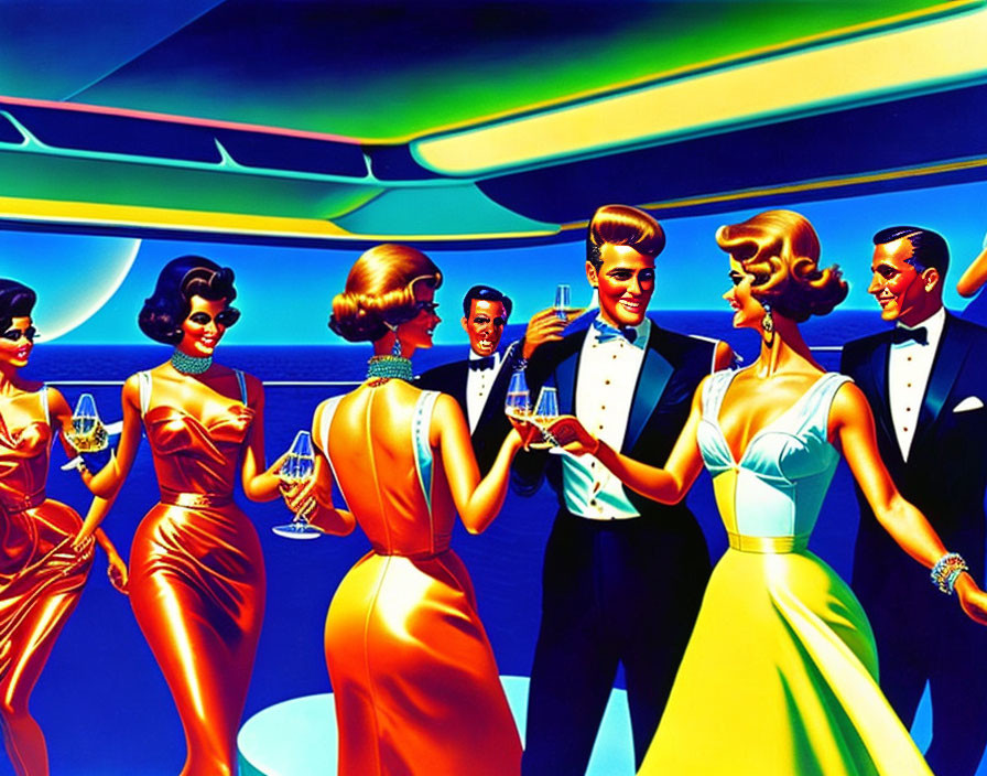 Colorful retro-style illustration of elegantly dressed people socializing at an upscale gathering