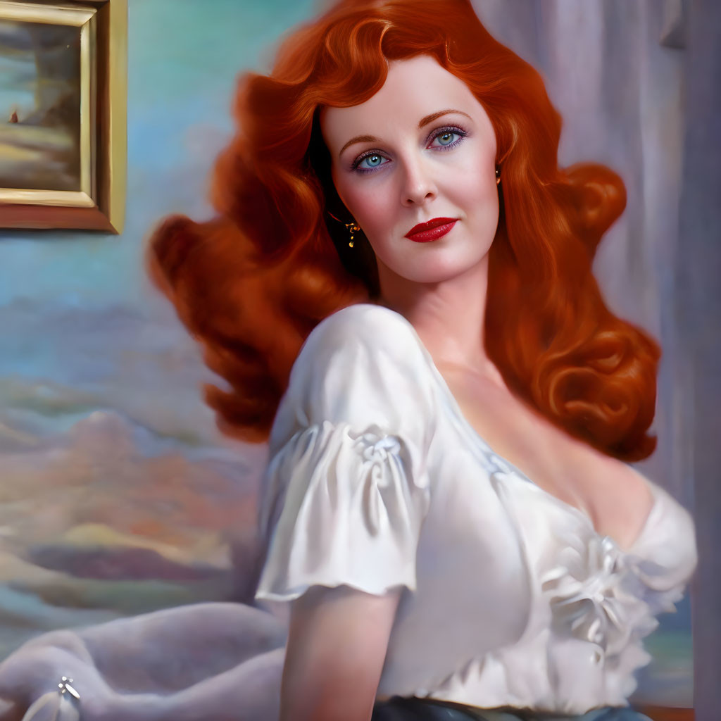 Red-haired Woman in White Dress with Blue Eyes by Landscape Painting