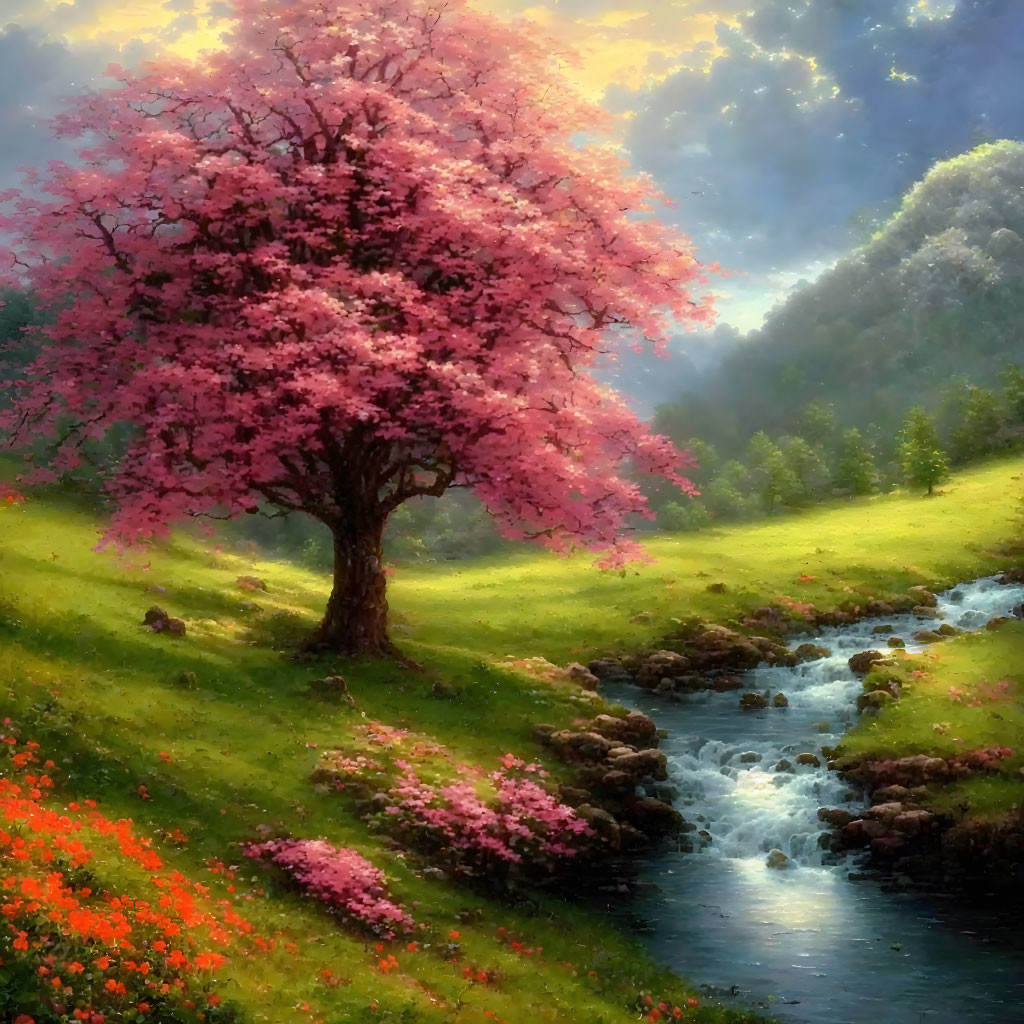 Colorful painting of lush landscape with blooming pink tree, tranquil stream, and vibrant flowers under soft