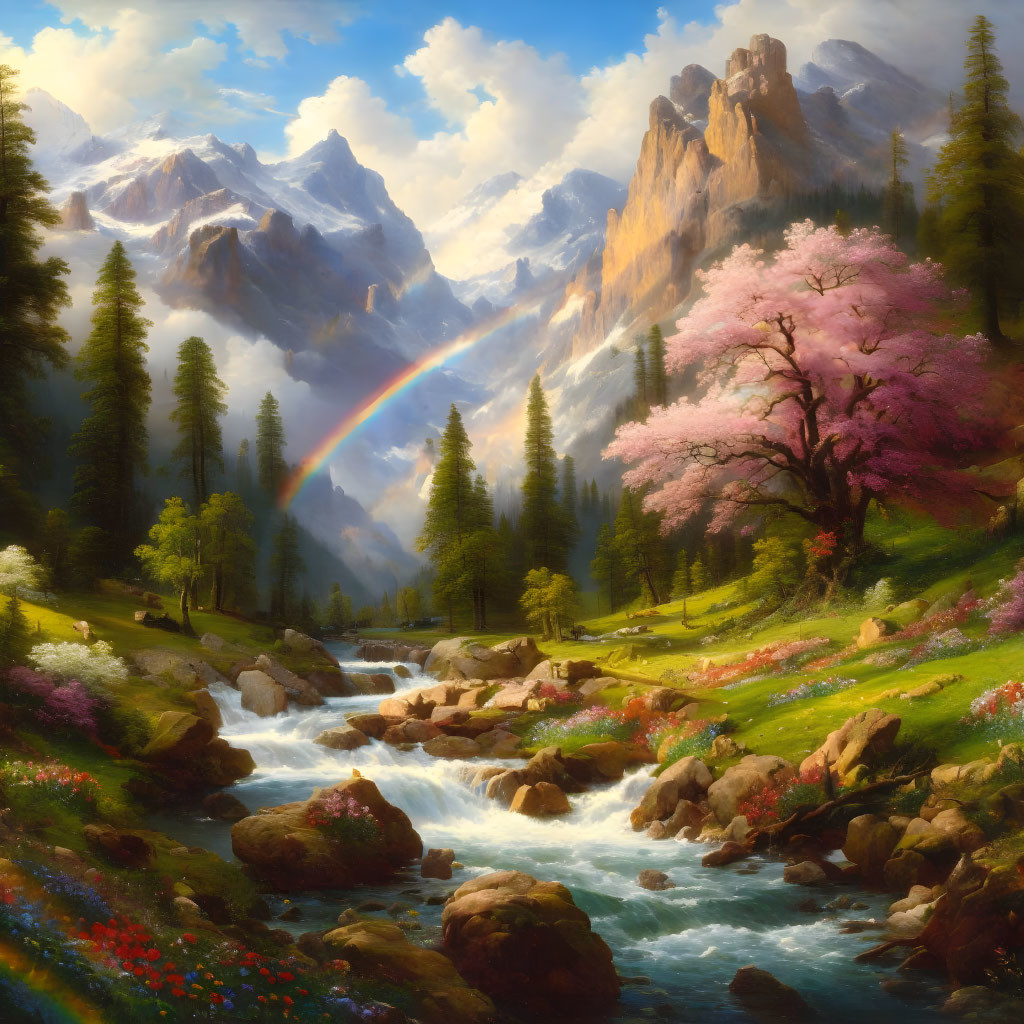 Mountainous landscape with rainbow, river, and blossoming trees