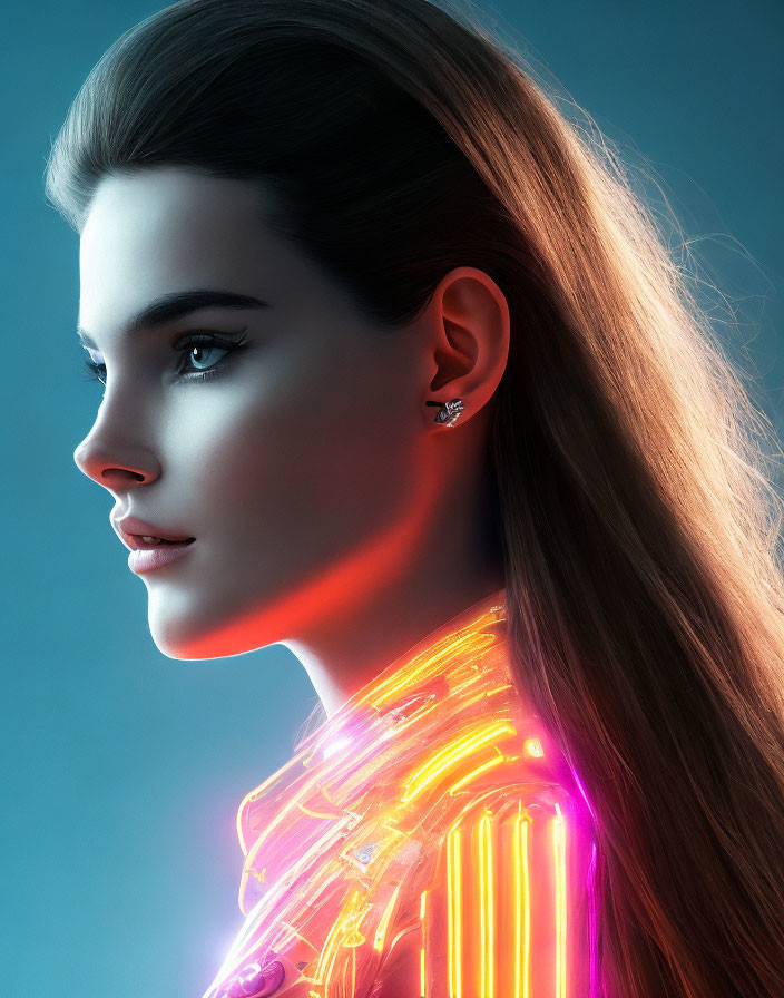 Digital Artwork: Woman with Neon Cybernetic Elements on Shoulder & Neck