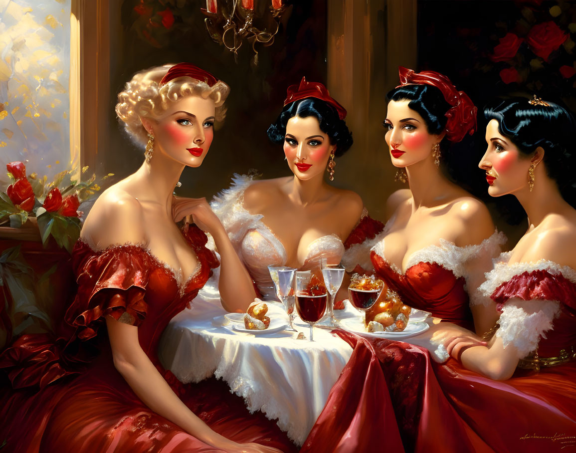 Three women in red dresses at a table in a romantic setting.