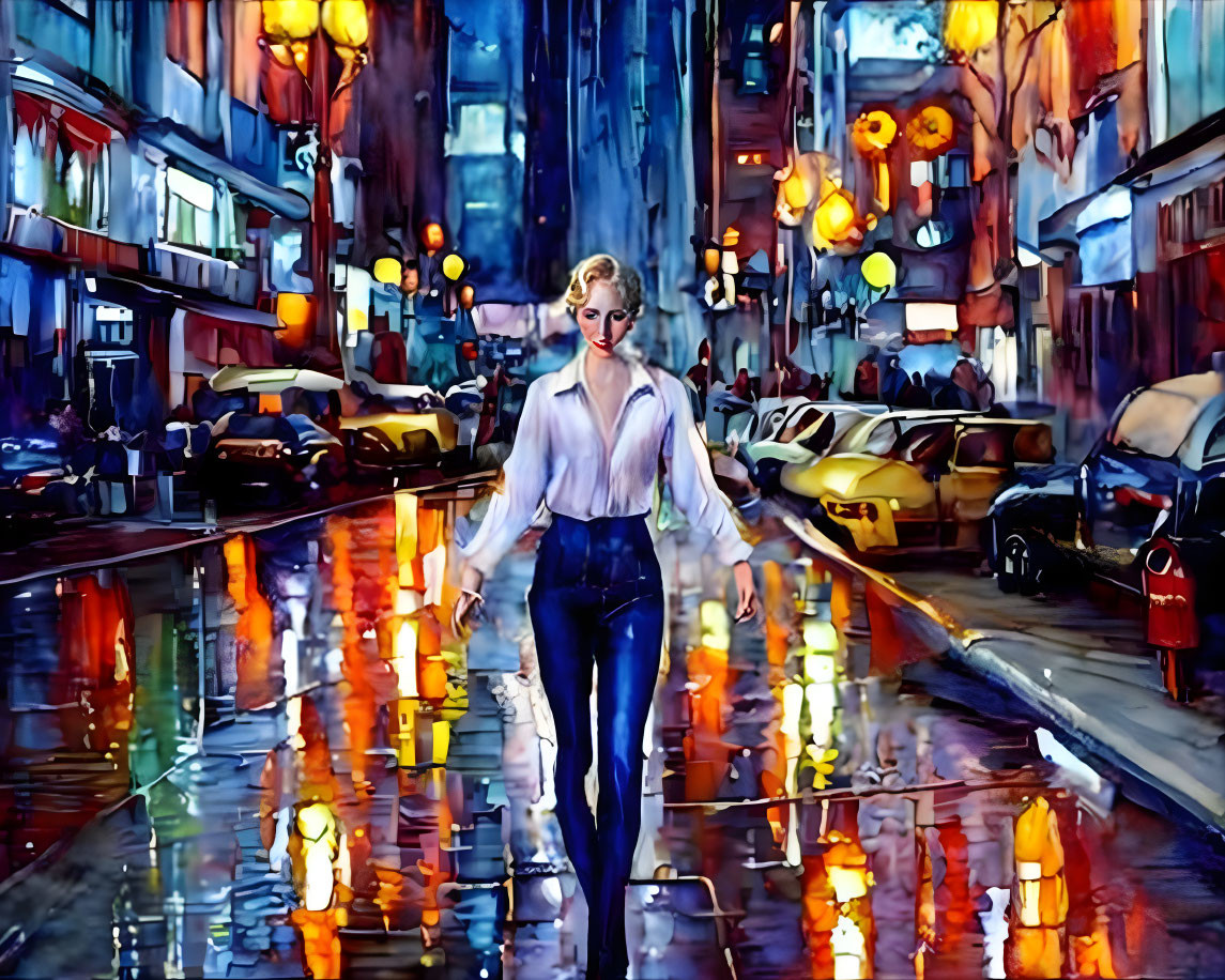 Woman walking in vibrant rainy city street at night with colorful reflections and glowing lights.