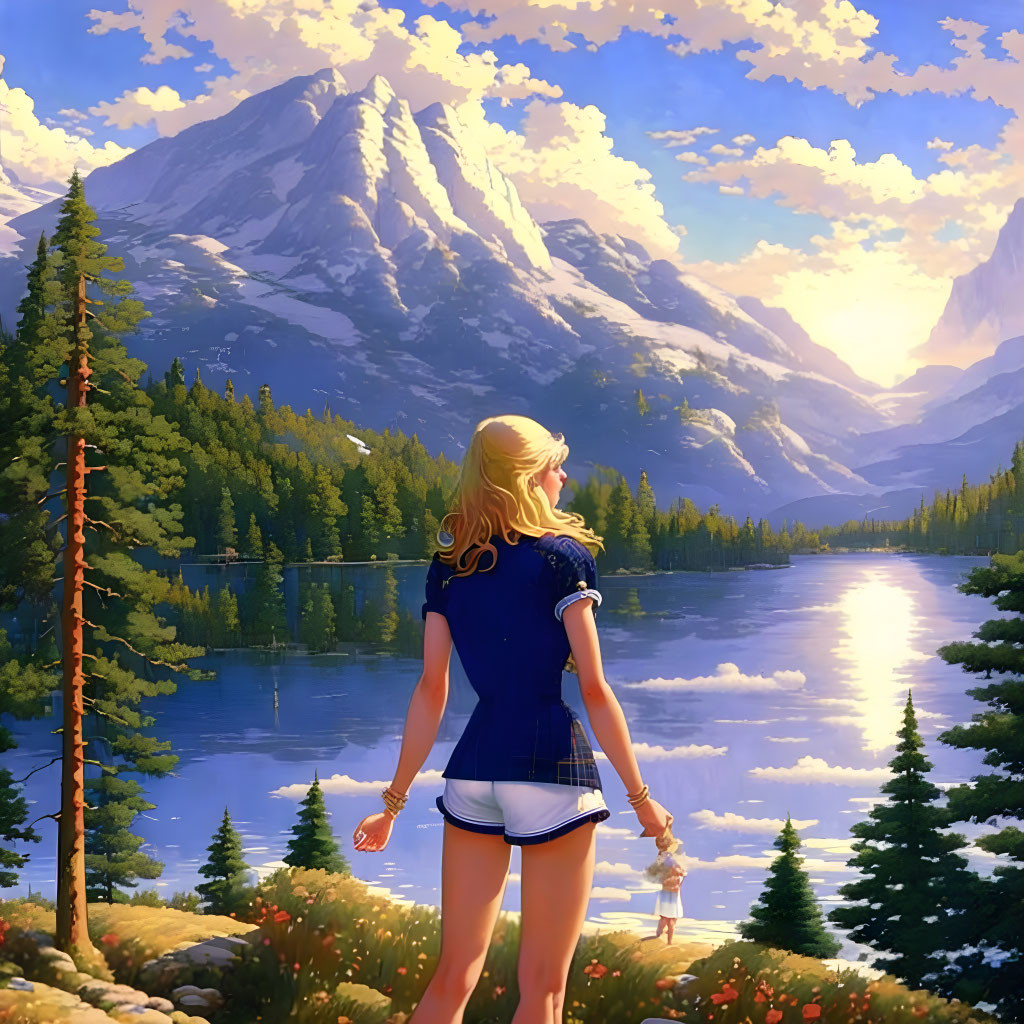 Woman in casual outfit by tranquil lake and mountain in serene forest landscape