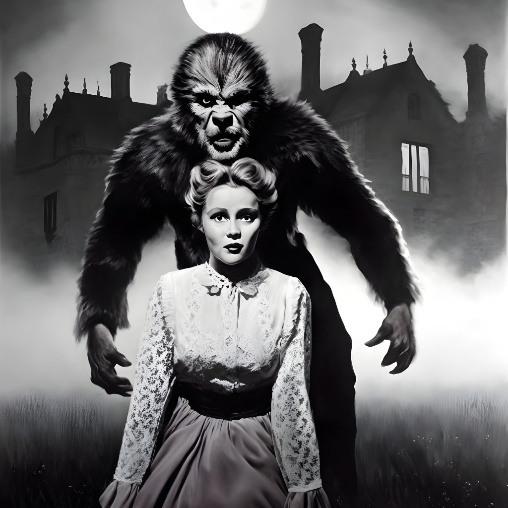 Vintage dress woman faces gorilla-like figure in moonlit mansion scene