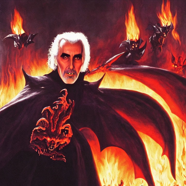 White-Haired Man in Dark Cape Surrounded by Fire and Winged Creatures