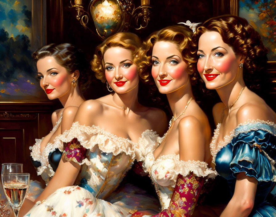 Vintage Dresses: Four Women Smiling in Styled Hair and Makeup