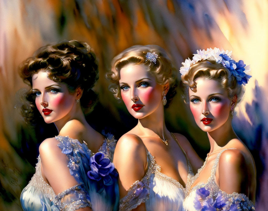 Vintage-style portrait of three women in elegant gowns with flowers in hair