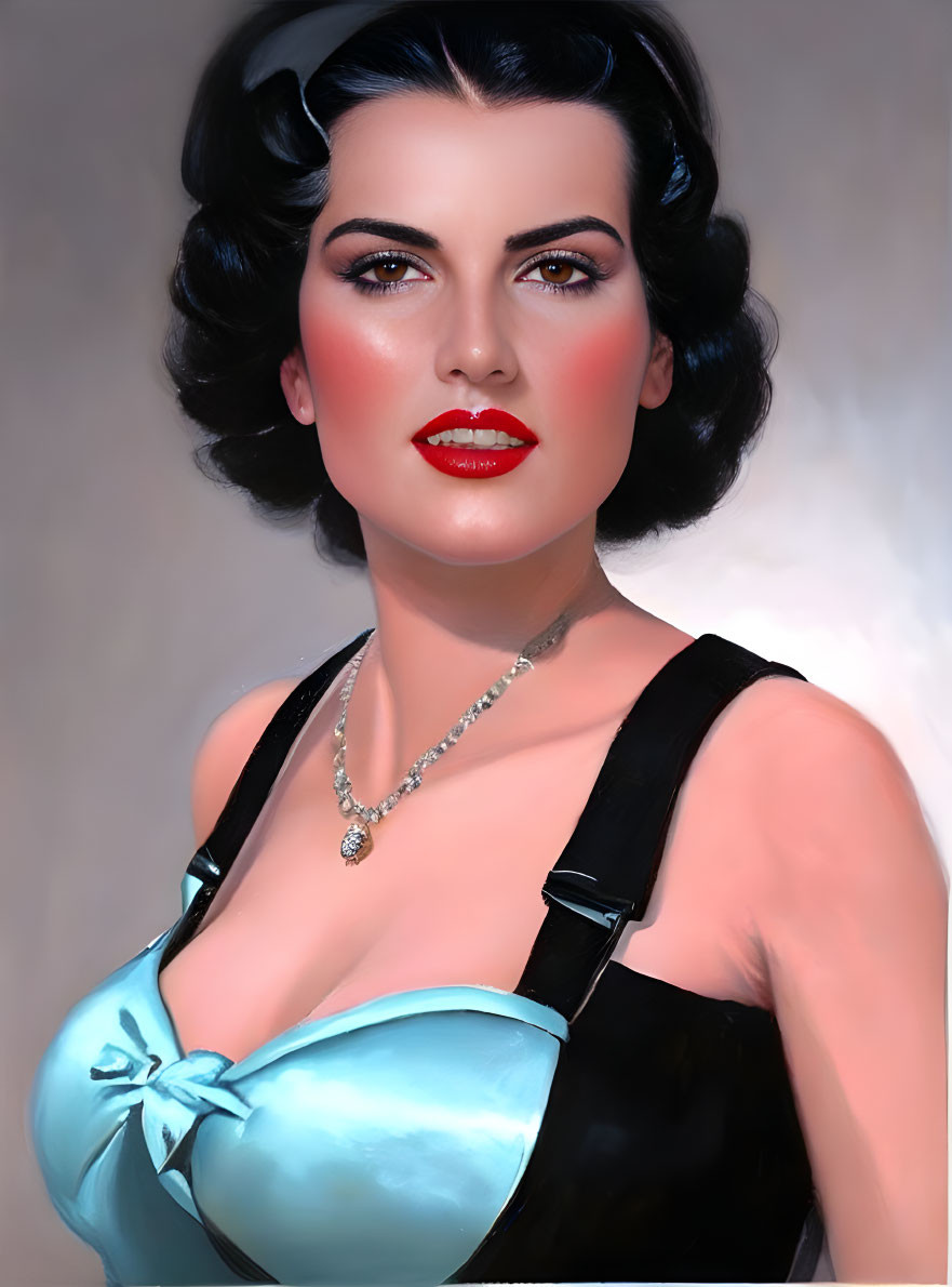 Vintage makeup portrait of woman with red lipstick, dark curly hair, light blue top, and necklace