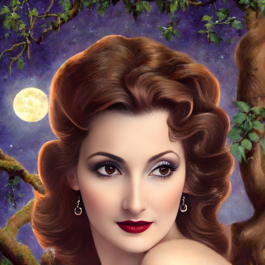 Digital artwork: Woman with voluminous hair and striking eyes in fantasy night scene