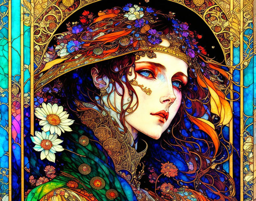 Art Nouveau Woman Illustration with Flowing Hair and Floral Adornments