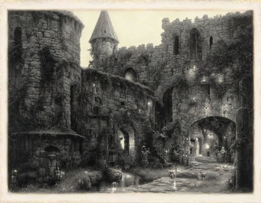 Monochromatic illustration: Ancient overgrown castle with arched entrances and towers, dimly lit by