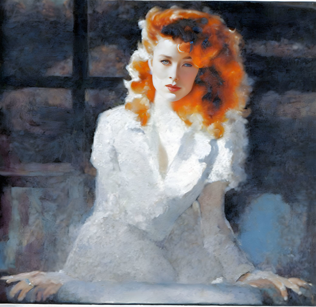 Stylized portrait of a woman with red wavy hair and white blouse