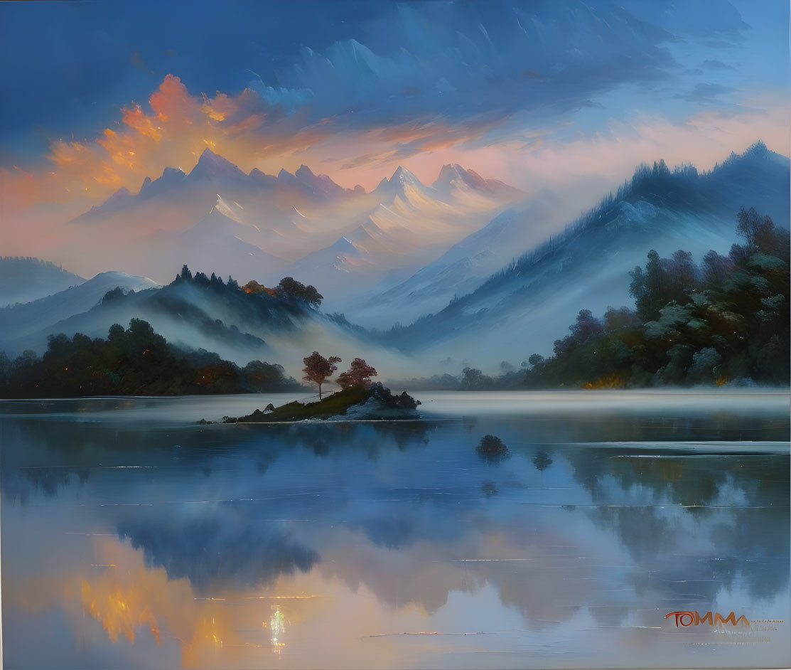 Snow-capped mountains at sunrise with misty forests, calm lake, and fiery clouds