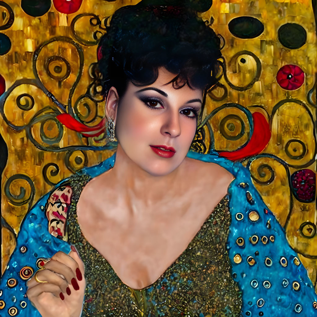 Dark-haired woman in sparkly attire against golden abstract background