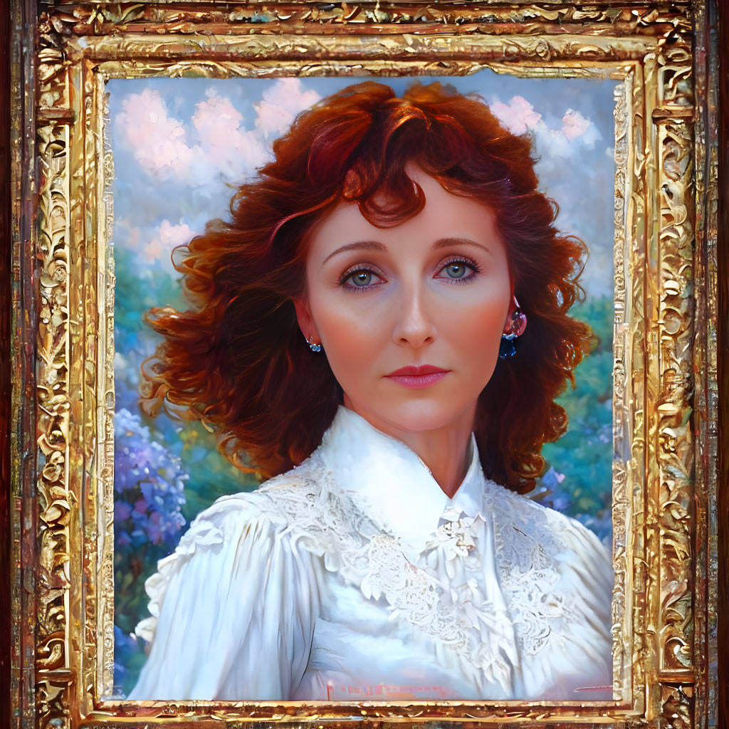 Portrait of Woman with Reddish-Brown Hair and Blue Eyes in Ornate Gold Frame