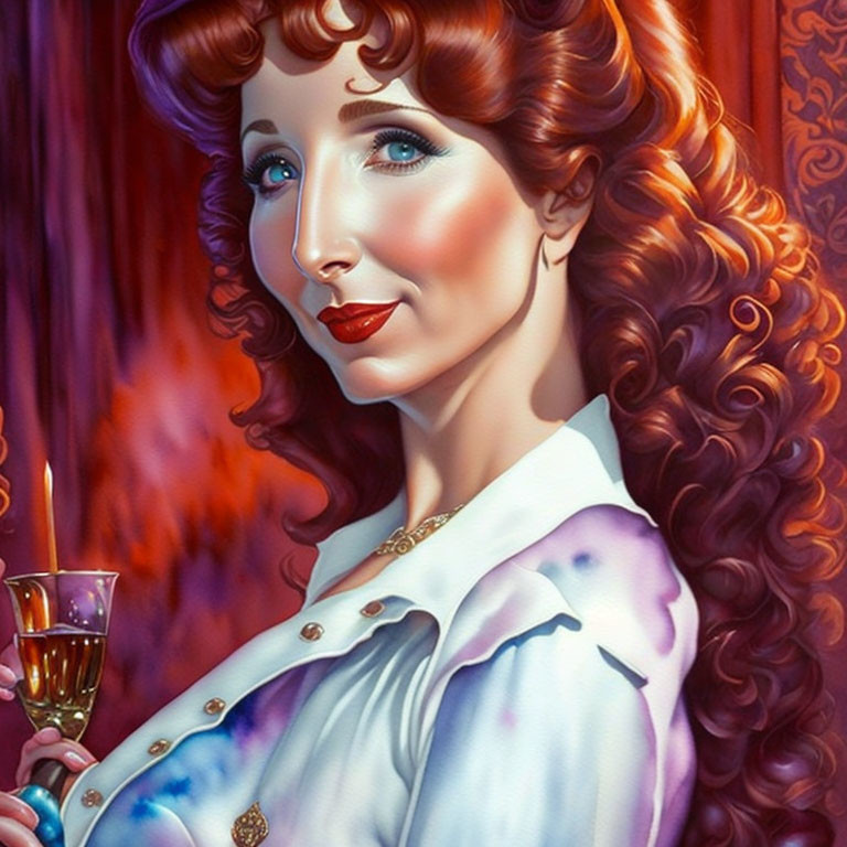 Portrait of Woman with Curly Red Hair and Blue Eyes Holding Glass