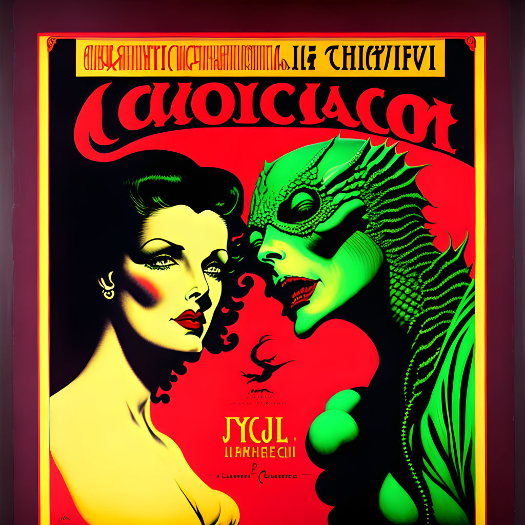 Colorful Vintage Poster: Woman and Dragon Face-Off in Red and Green