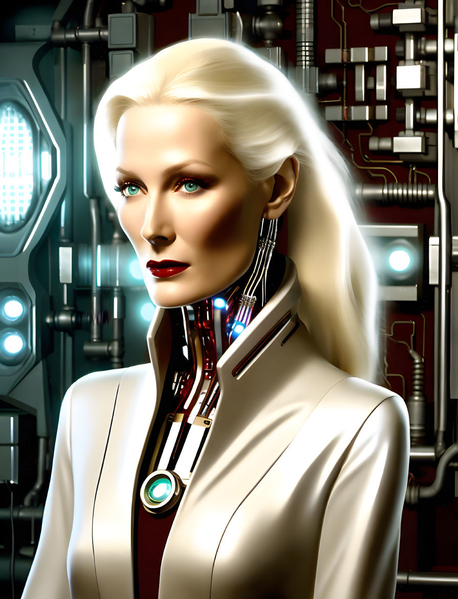 Female Android with Pale Skin, Blue Eyes, and White Hair in Futuristic Digital Art