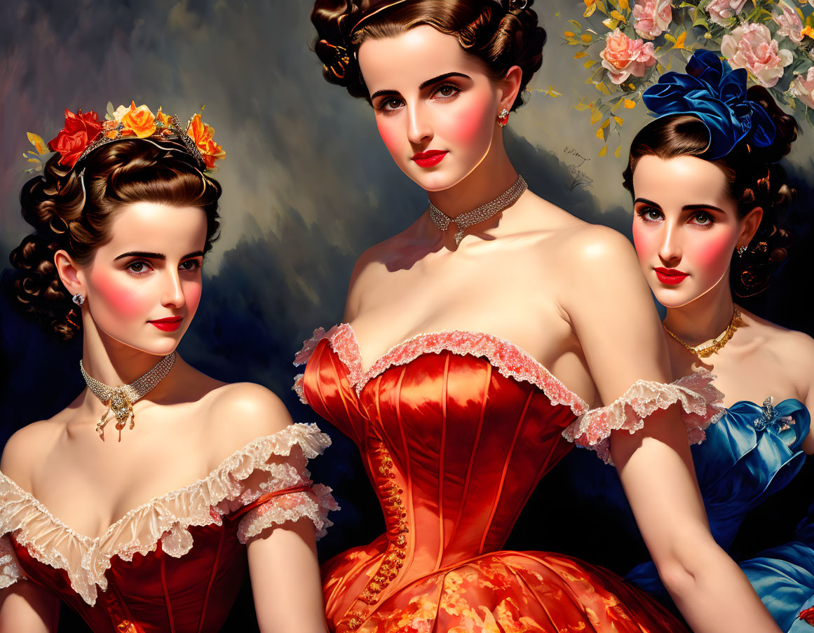 Vintage Attire: Three Women with Ornate Hairstyles and Flowers in Elegant Dresses