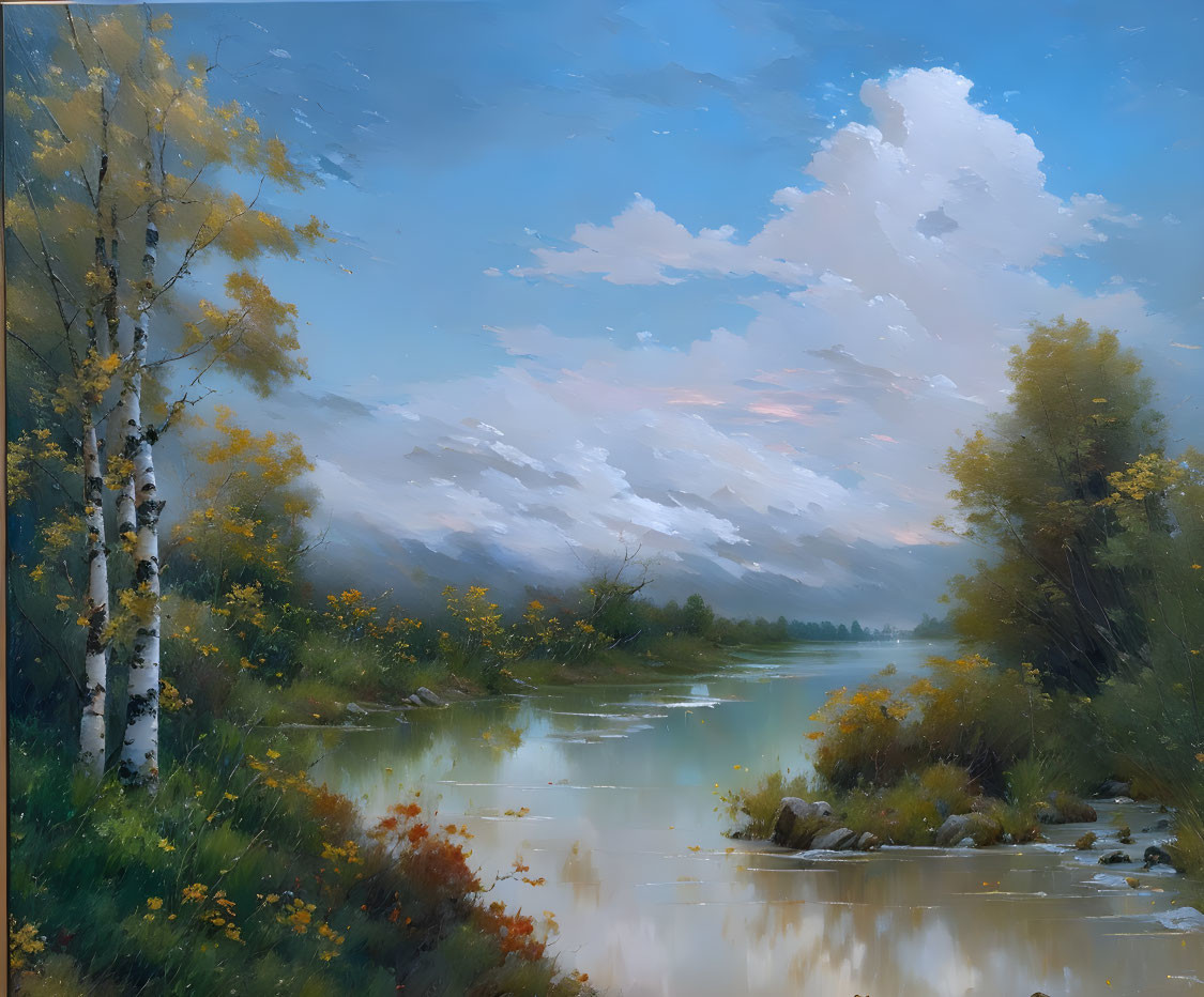 Tranquil landscape painting of river, birch trees, and cloudy sky