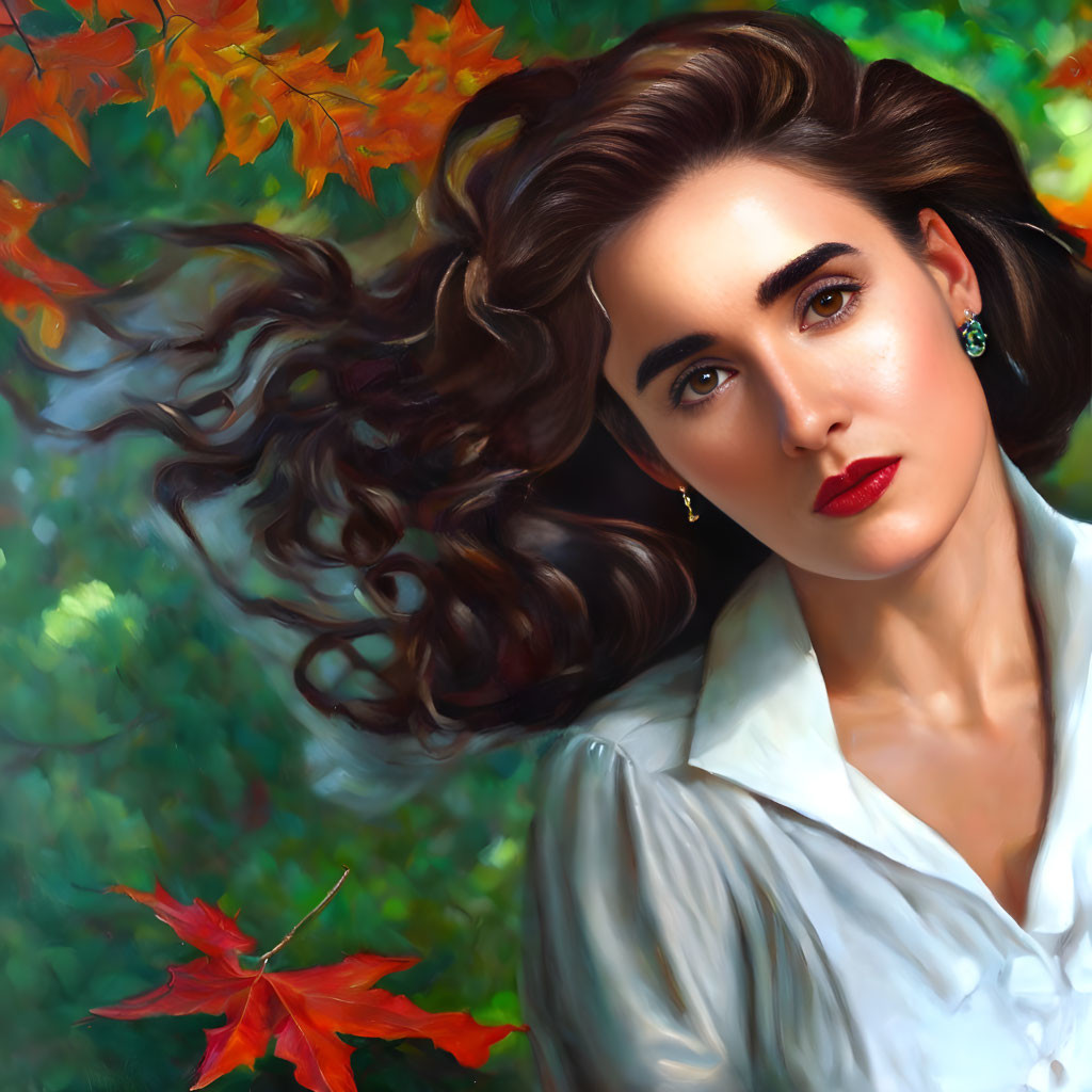 Woman Portrait with Flowing Brown Hair and Red Lips in Autumnal Setting