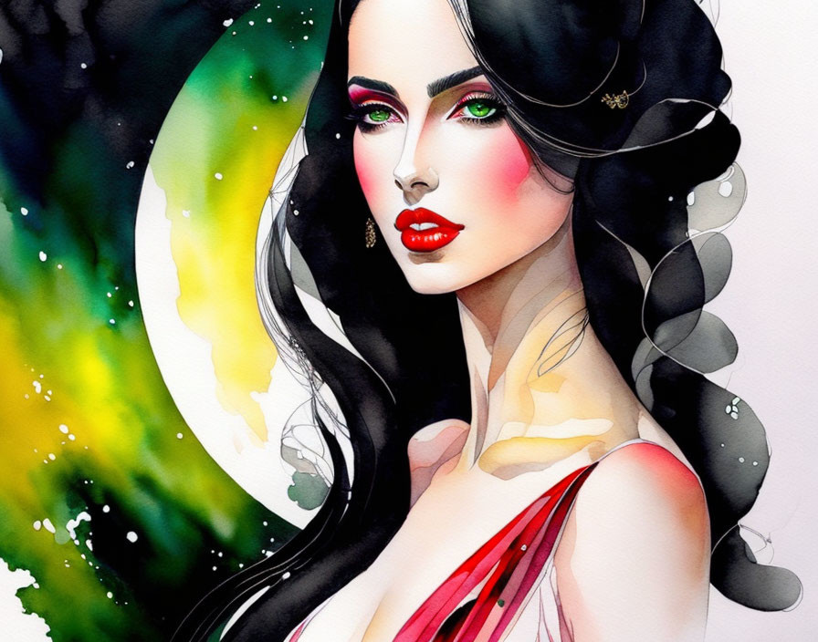 Illustrated woman with green eyes, red lips, black hair, and pearls on vibrant watercolor backdrop