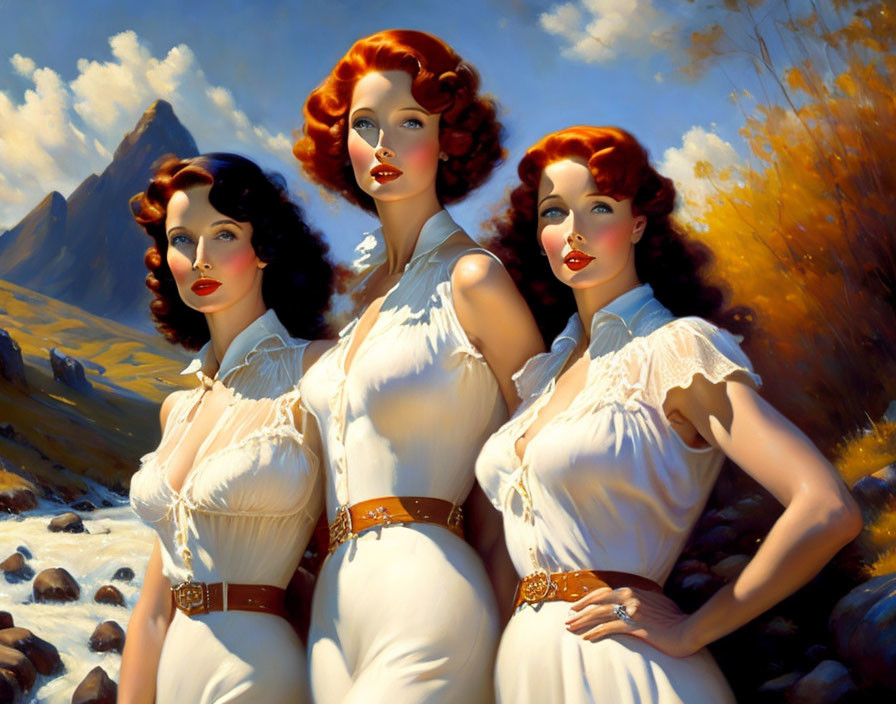 Three red-haired animated women in vintage white dresses against mountain backdrop.