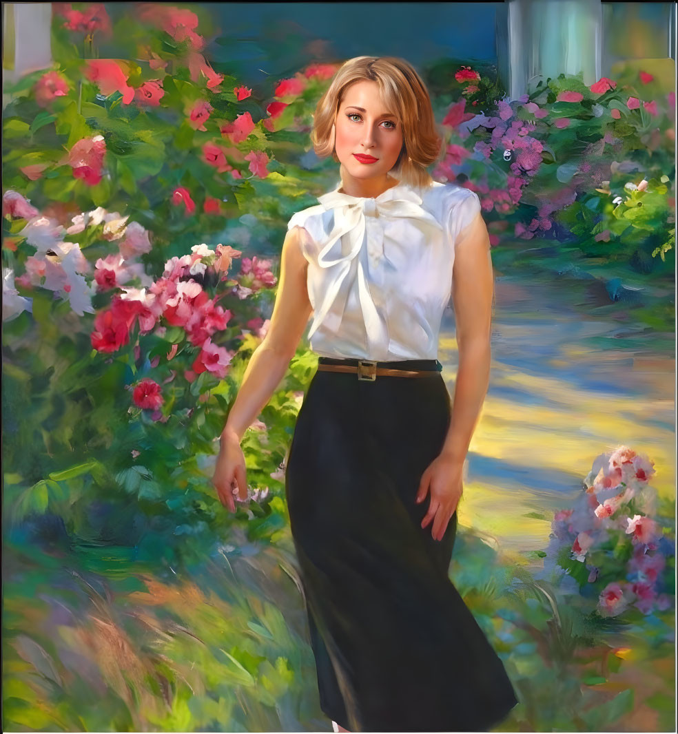 Woman in white blouse and black skirt surrounded by vibrant flowers in impressionistic style.