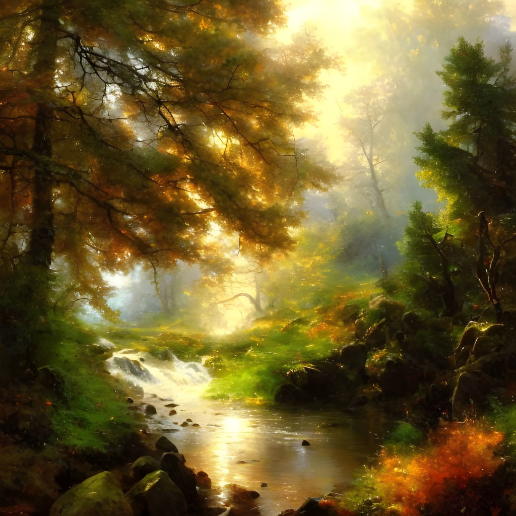 Tranquil forest stream with sunlight filtering through trees