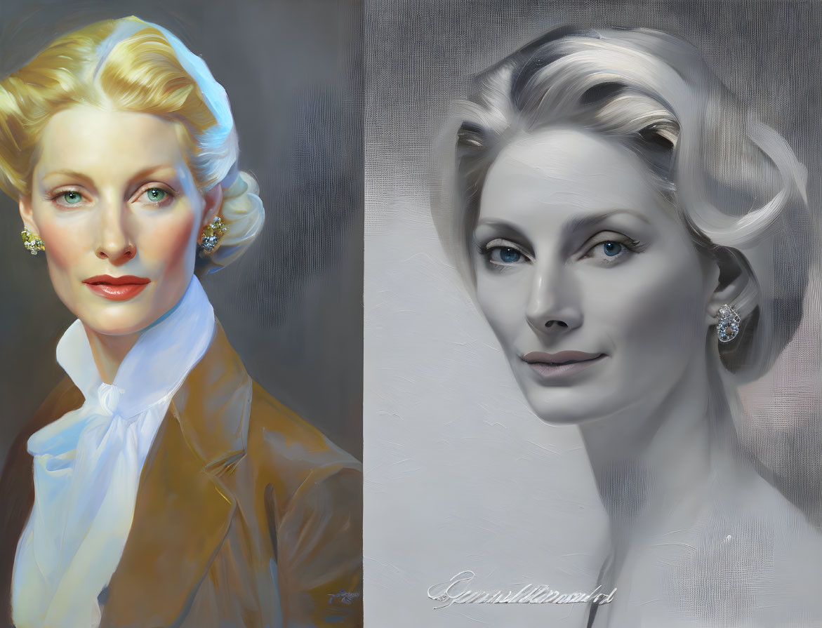 Color and Grayscale Diptych of Elegant Woman with Blonde Hair and Blue Eyes