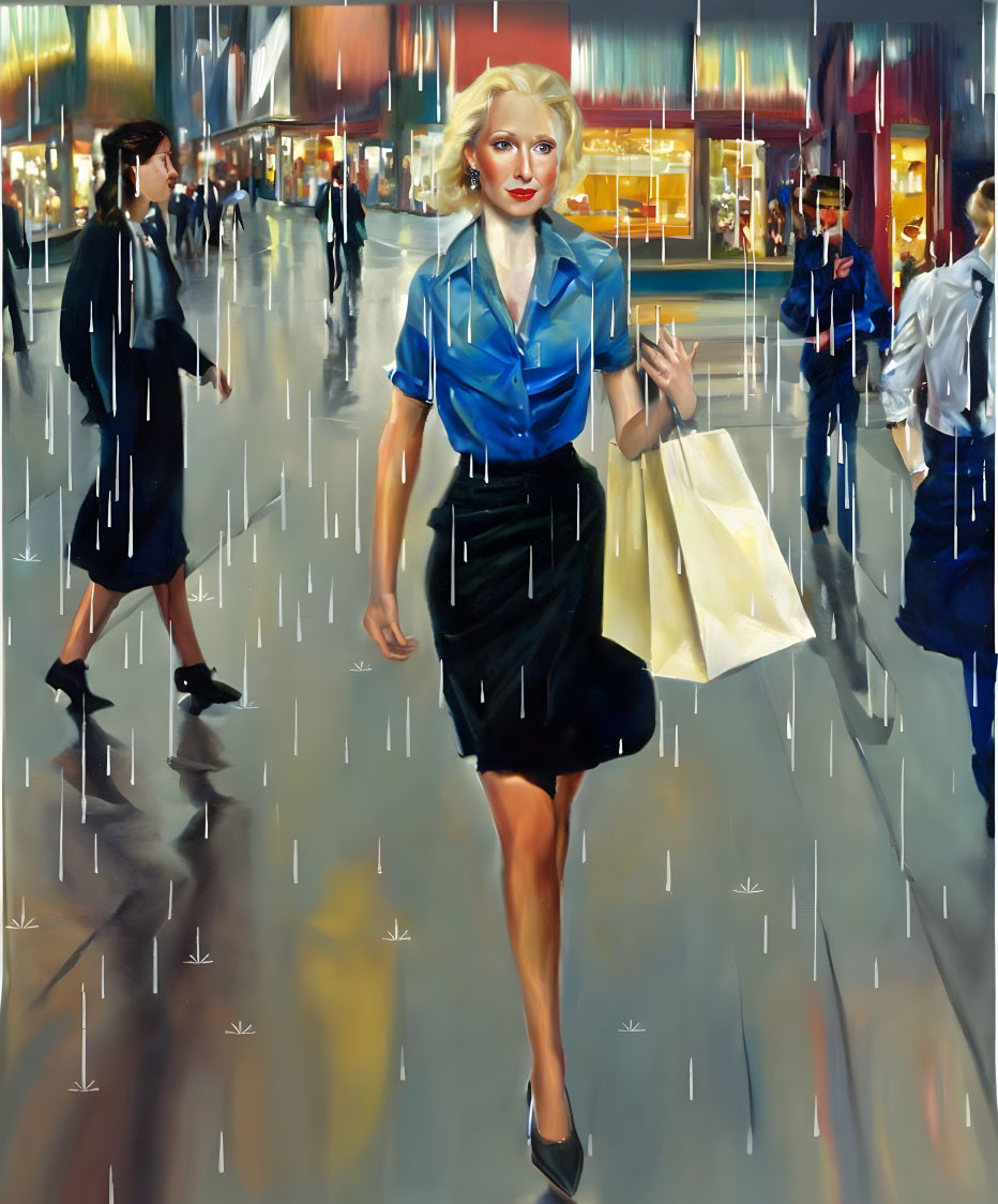 Blonde Woman Walking in Blue Shirt and Black Skirt with Shopping Bags on Rainy City Street