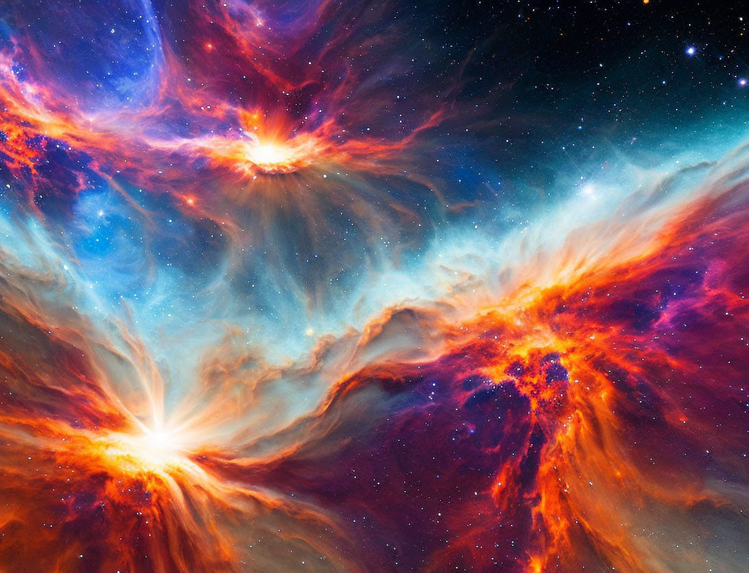 Swirling Blue, Orange, and Red Nebulae in Cosmic Scene