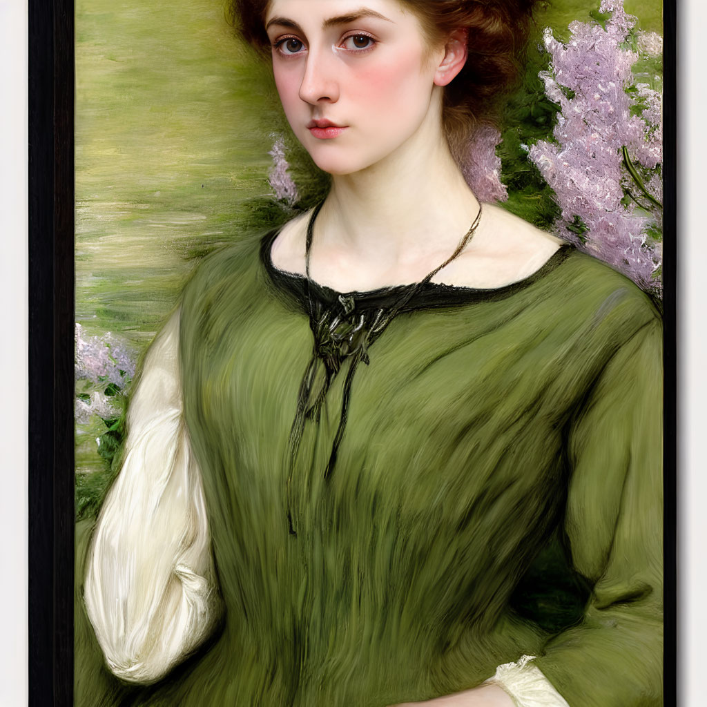 Woman in Green Dress Near Lilac Flowers with Contemplative Expression