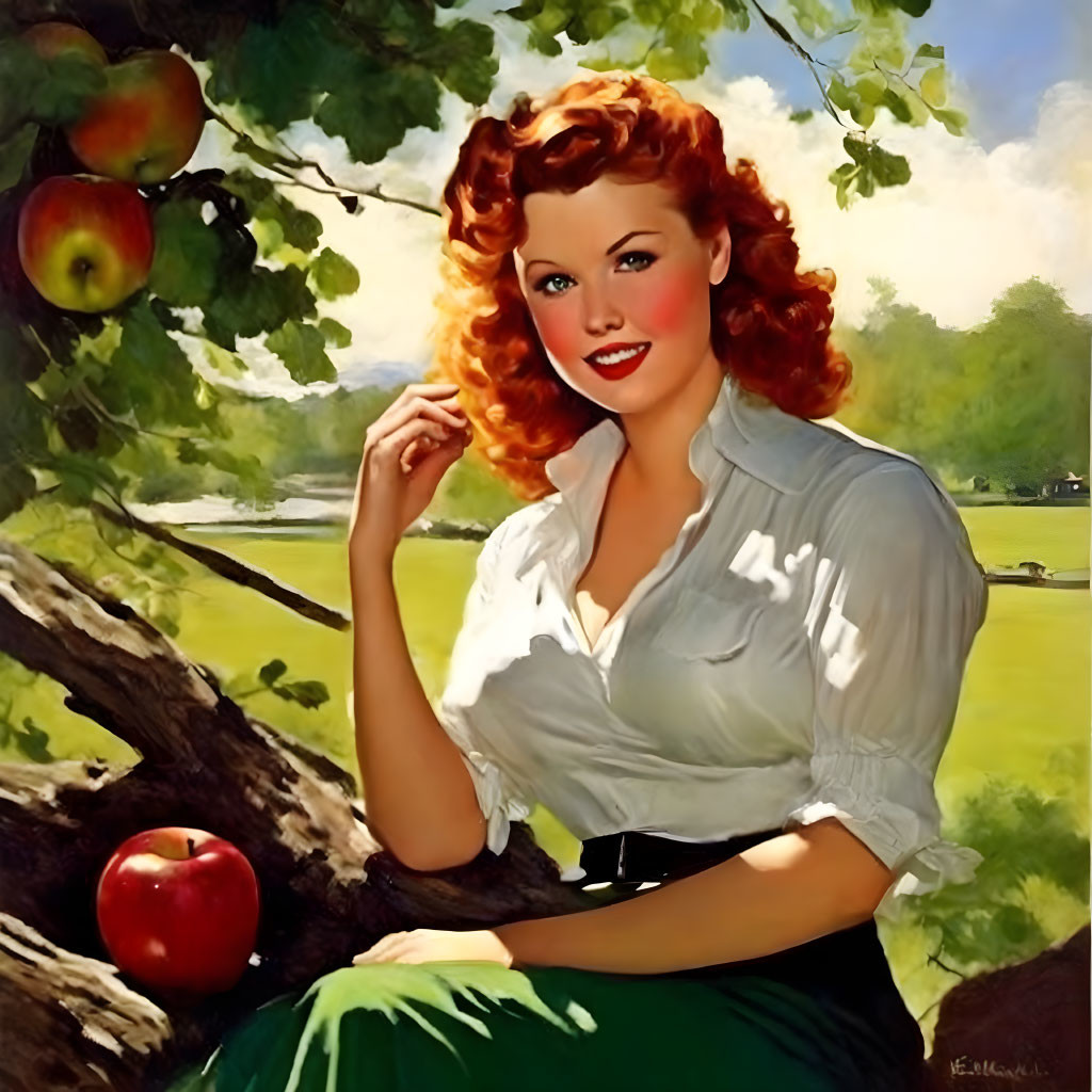 Vintage Illustration of Smiling Woman with Red Hair in Apple Tree