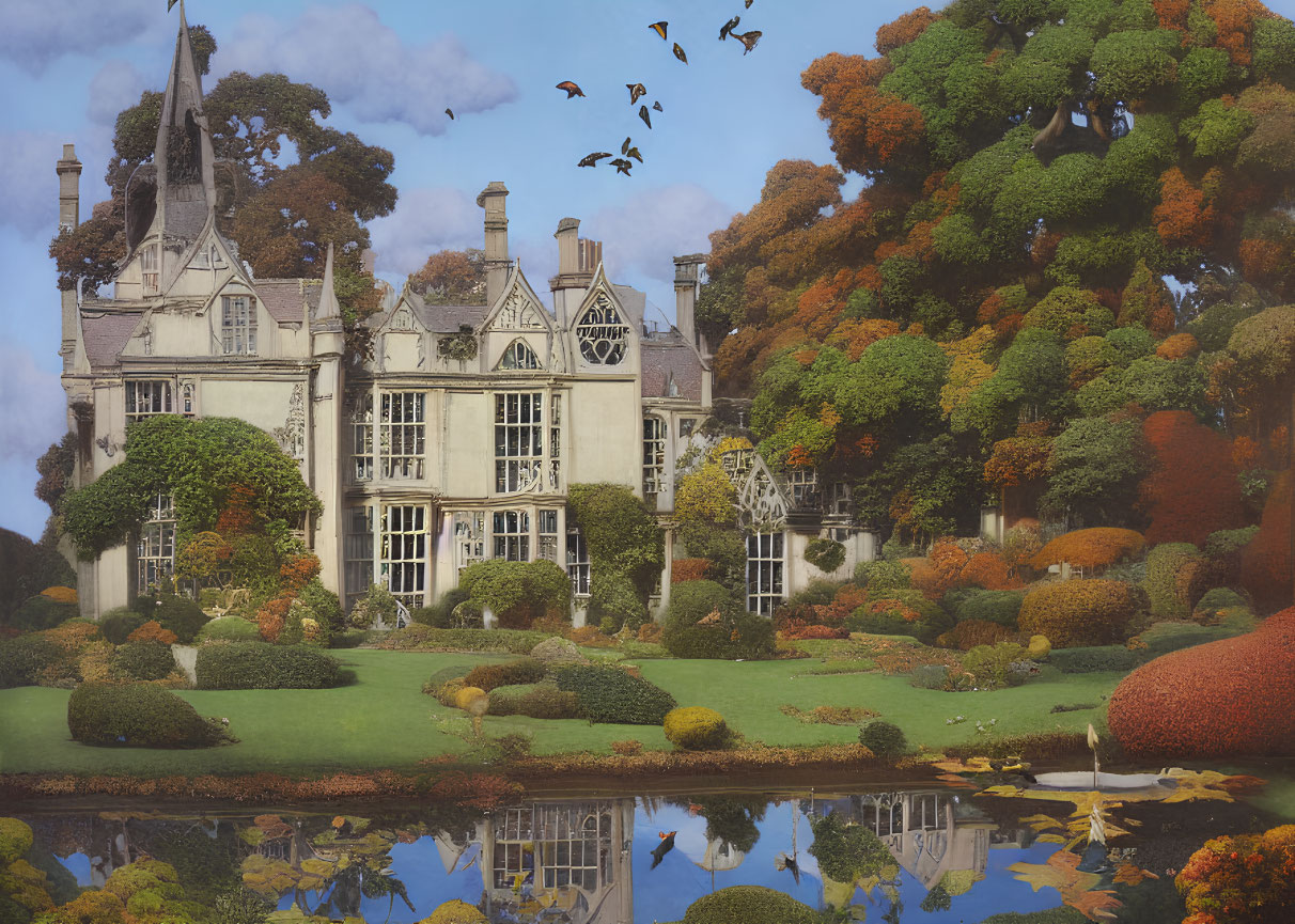 Victorian-style mansion in autumn landscape with gardens, pond, and birds