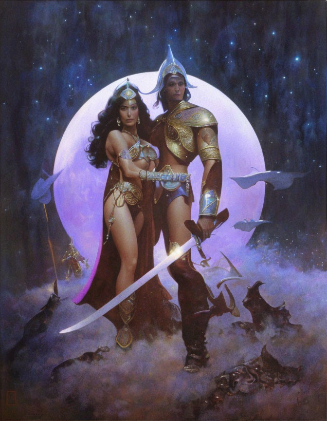 Male and female fantasy warriors in ornate armor, standing back-to-back with swords in a cosmic setting