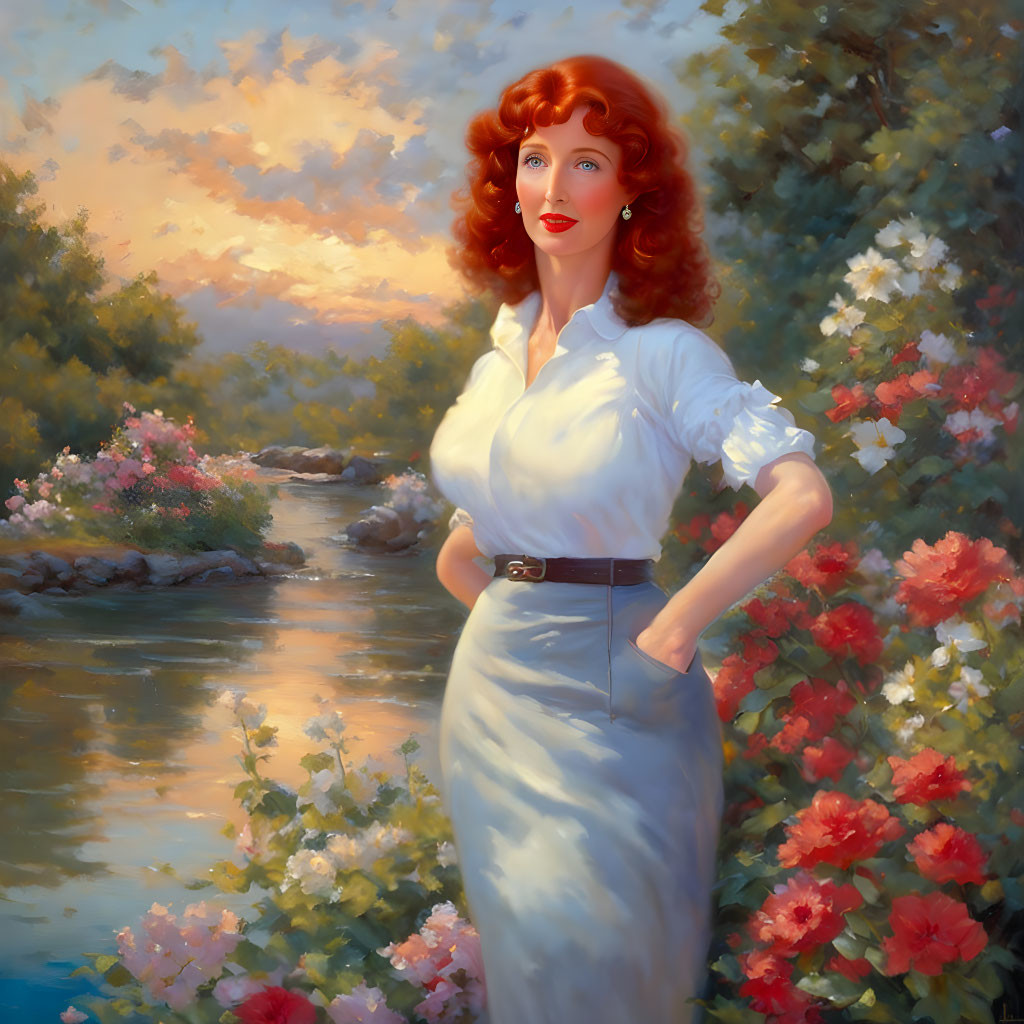 Red-Haired Woman by River with Flowering Bushes and Pastel Sky