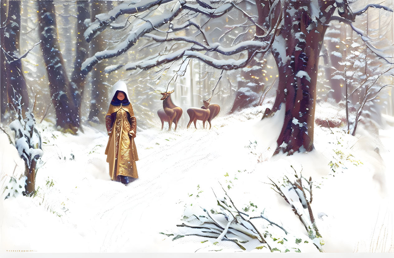 Golden cloaked figure in snowy forest with deer under frosty trees