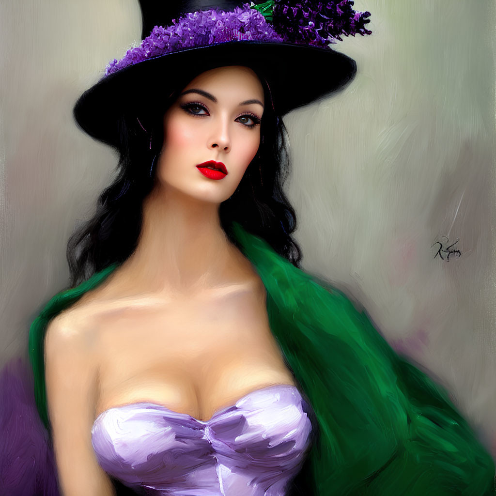 Digital painting of woman with red lips, large brimmed hat, purple flowers, green shawl