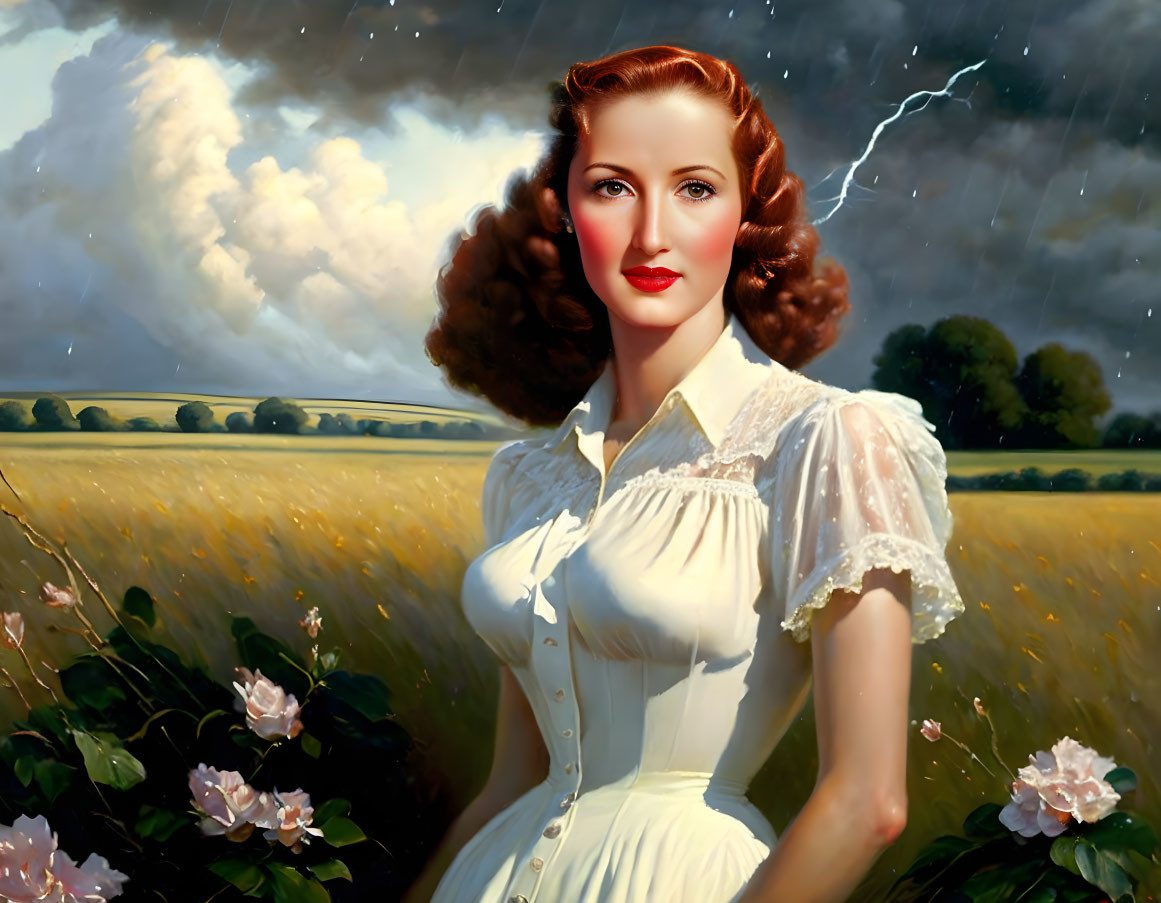 Vintage-style painting of woman in white dress against stormy landscape