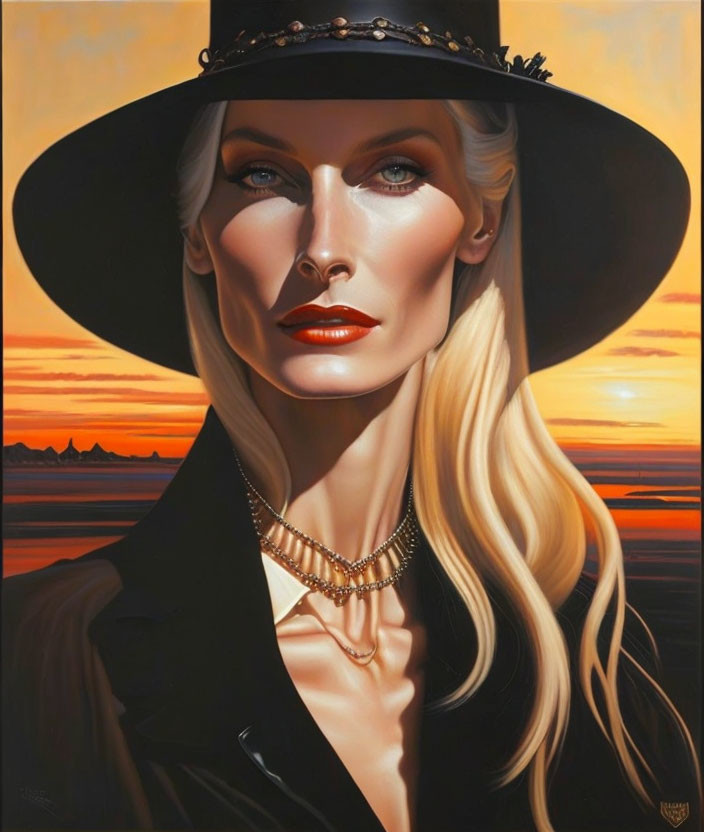 Platinum Blonde Woman in Wide-Brimmed Hat and Black Coat at Sunset