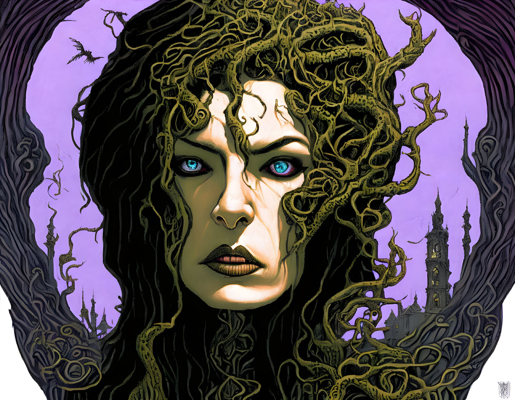 Detailed Illustration: Woman with Snake-like Hair and Blue Eyes Against Gothic Tower and Purple Sky