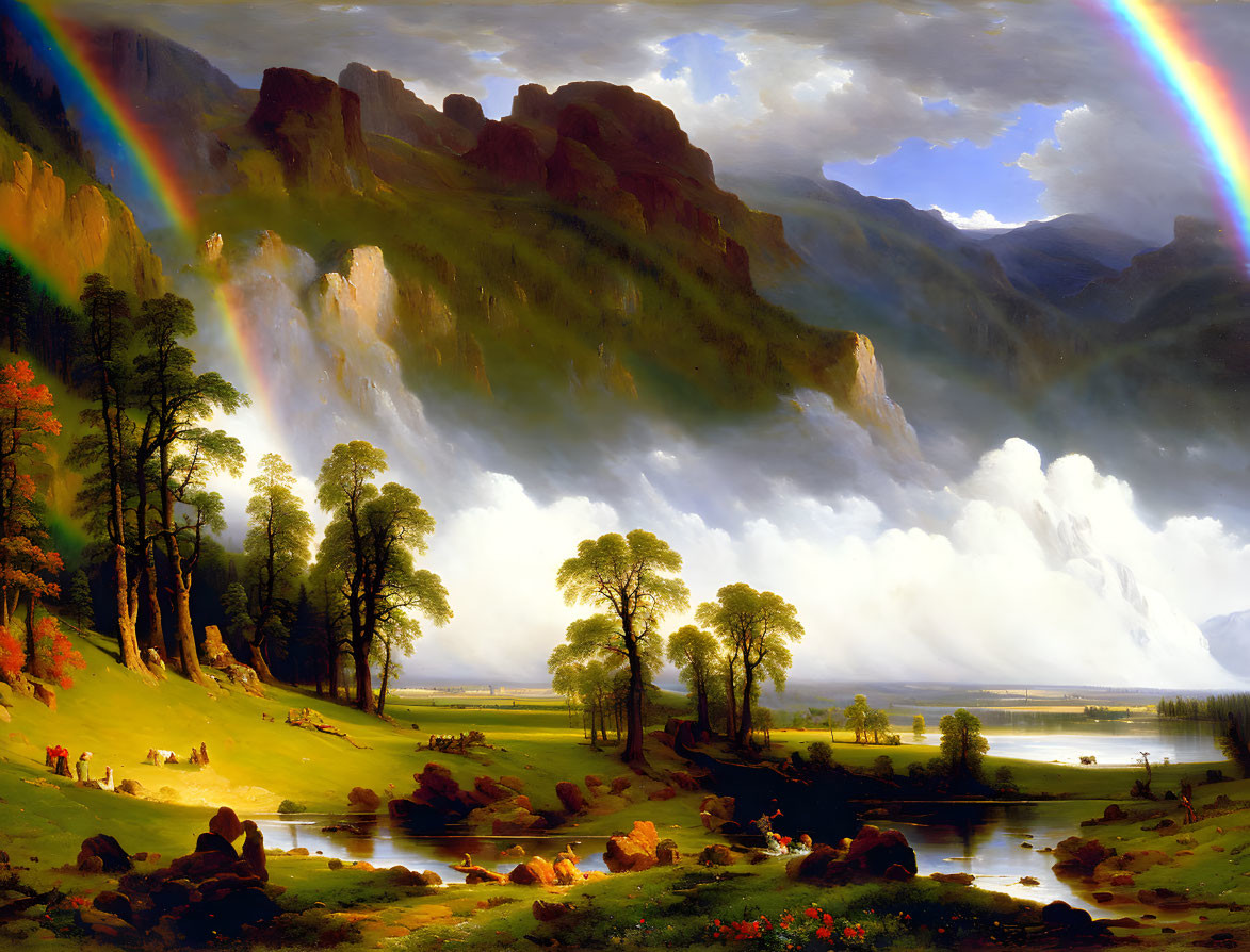 Double Rainbow Over Tranquil Lake and Mountains in 19th-Century Setting