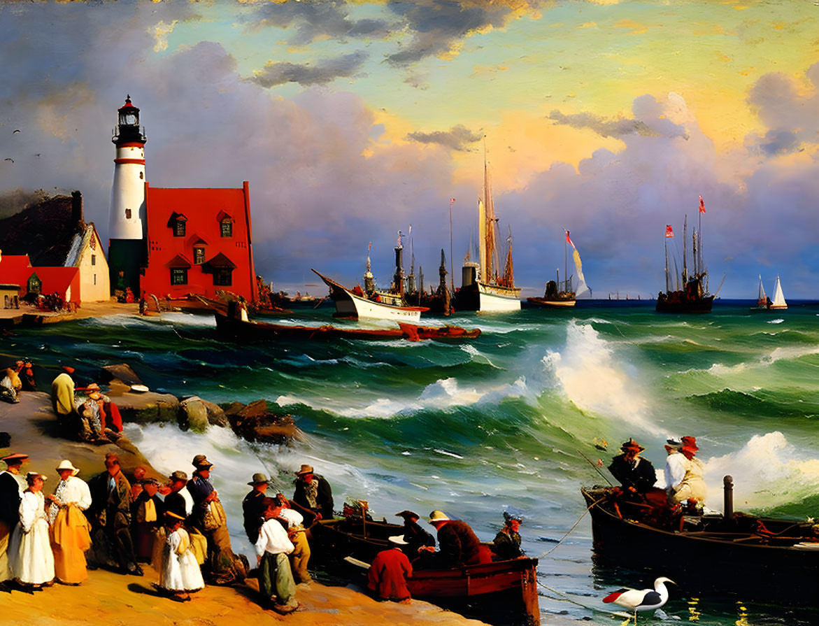 Maritime scene with people, boats, lighthouse, waves, colorful sky